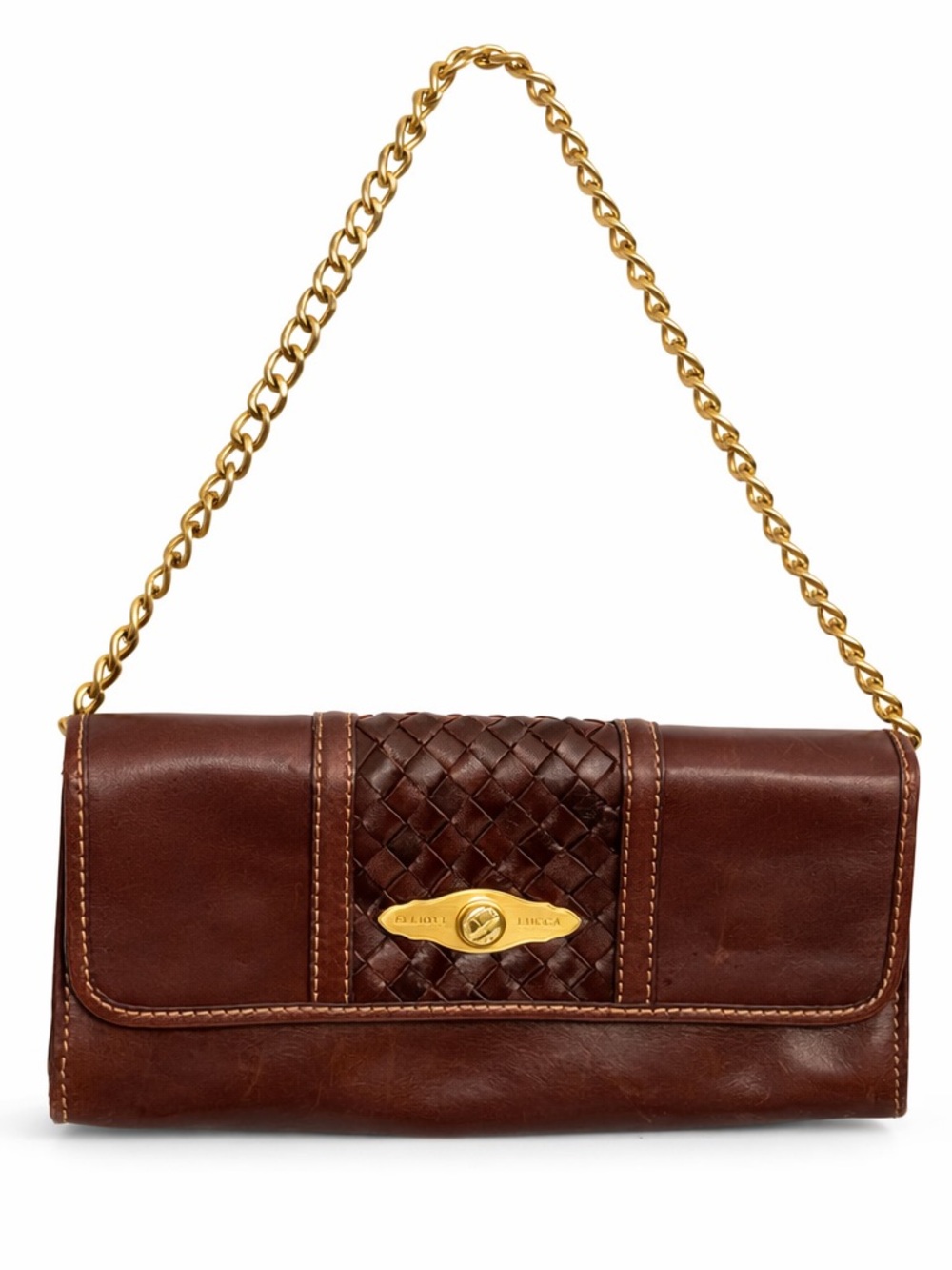 Elliott Lucca Woven Leather Clutch Brown Gold Chain Y2K Vintage
